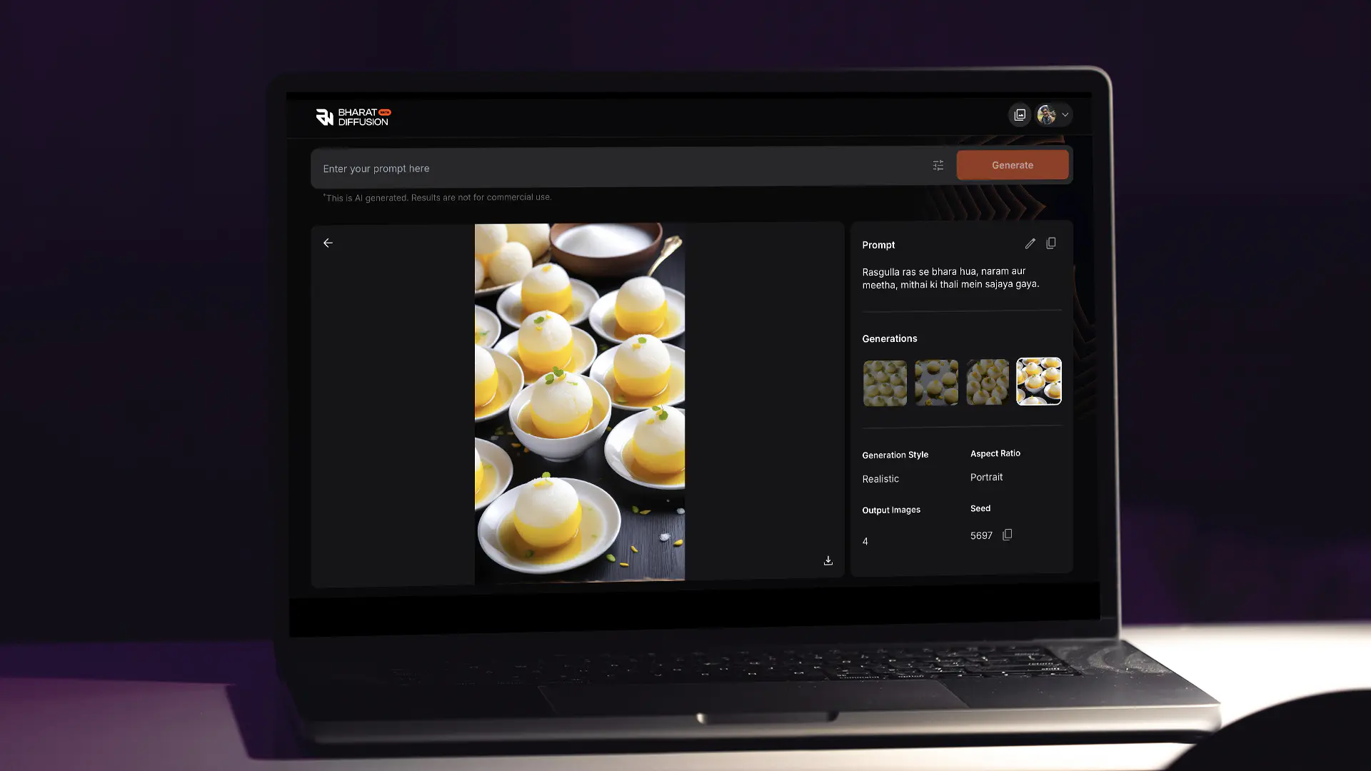 Highly detailed Indian food images on Bharat Diffusion 