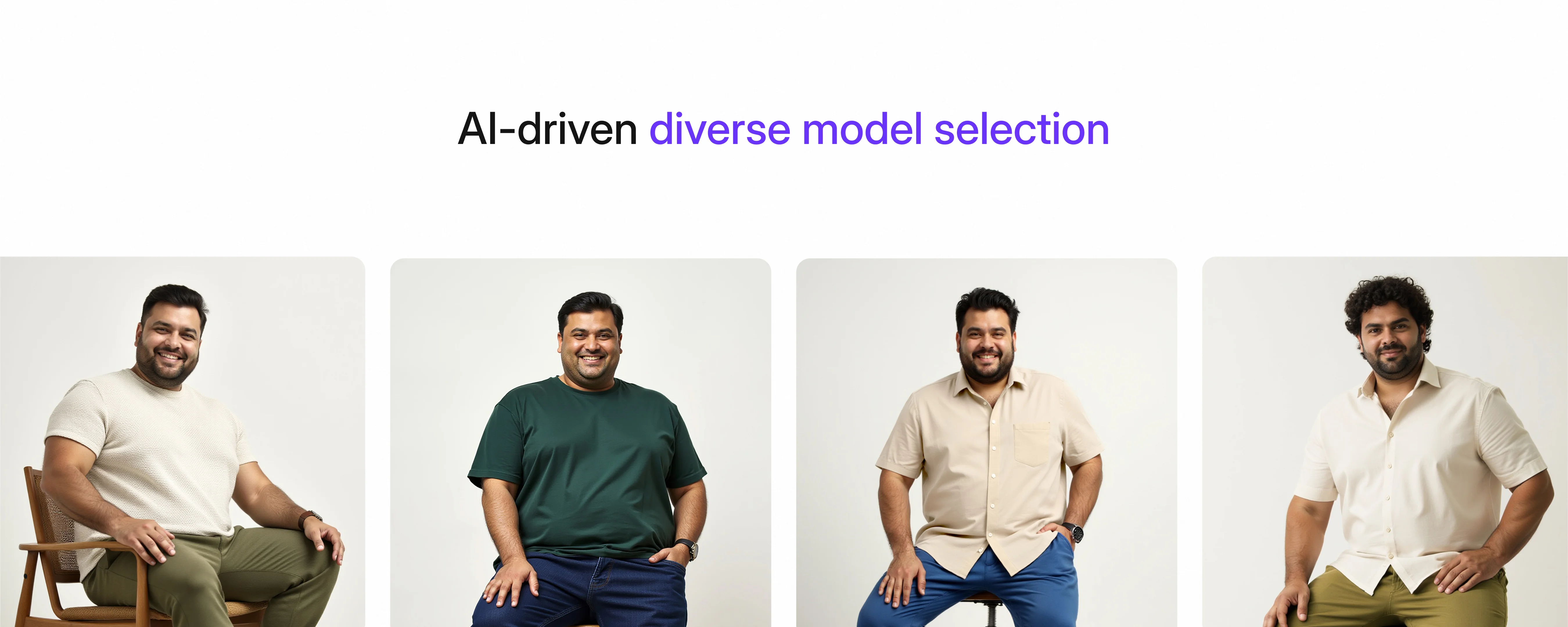 Four AI-generated images showcasing diverse plus-size male models wearing stylish apparel, demonstrating body-inclusive representation.