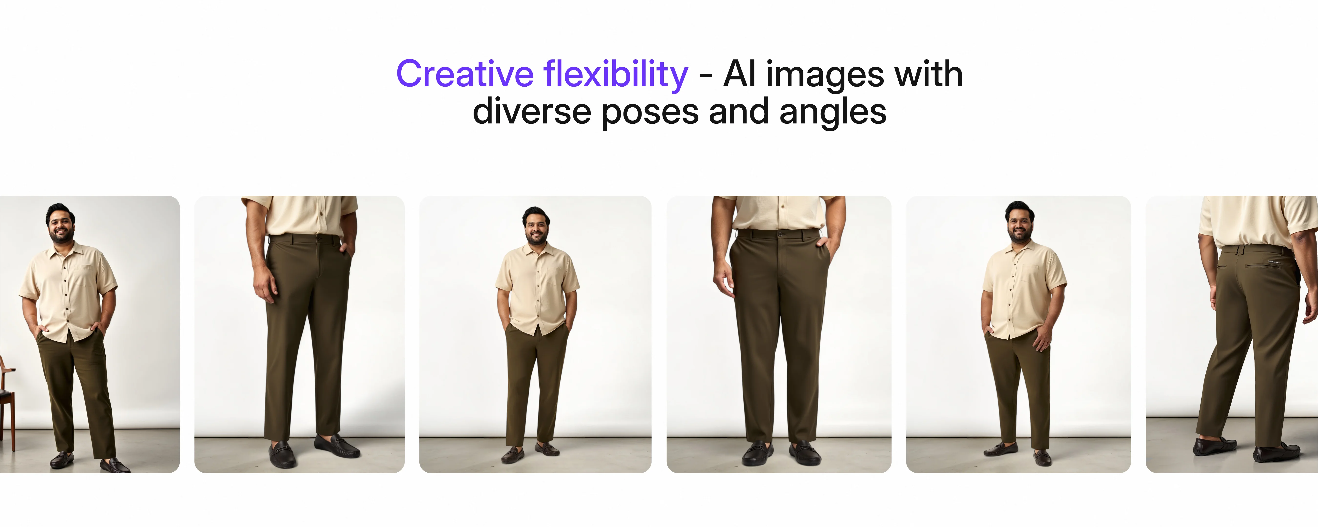 A sequence of AI-generated images depicting various detailed views of pants on a plus-size male model from multiple angles and poses, highlighting realistic fabric draping and fit.