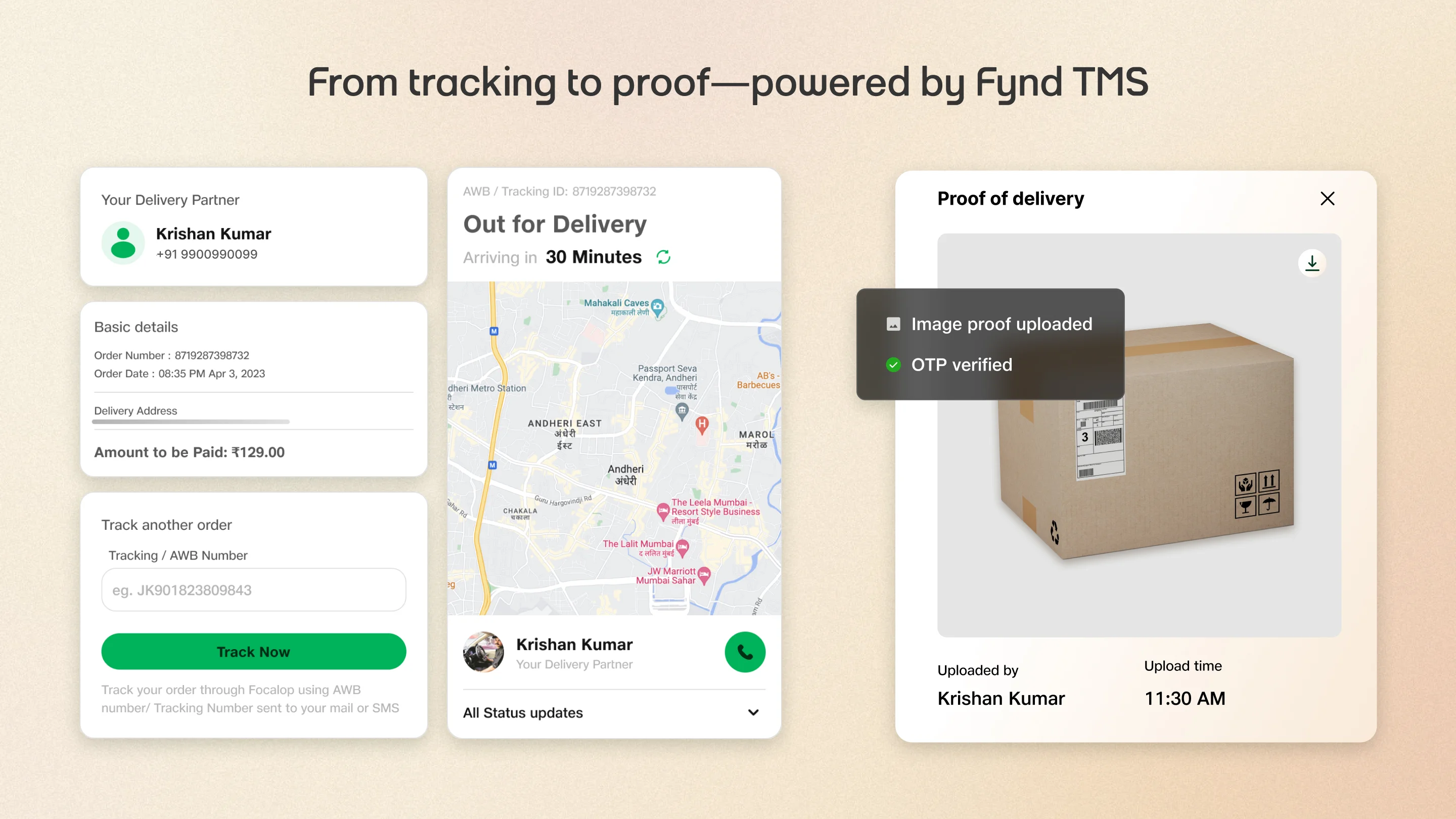 Visual representation of West Elm’s live delivery tracking and digital proof-of-delivery features enabled by Skyber TMS, showing real-time updates, delivery partner details, and verification statuses.