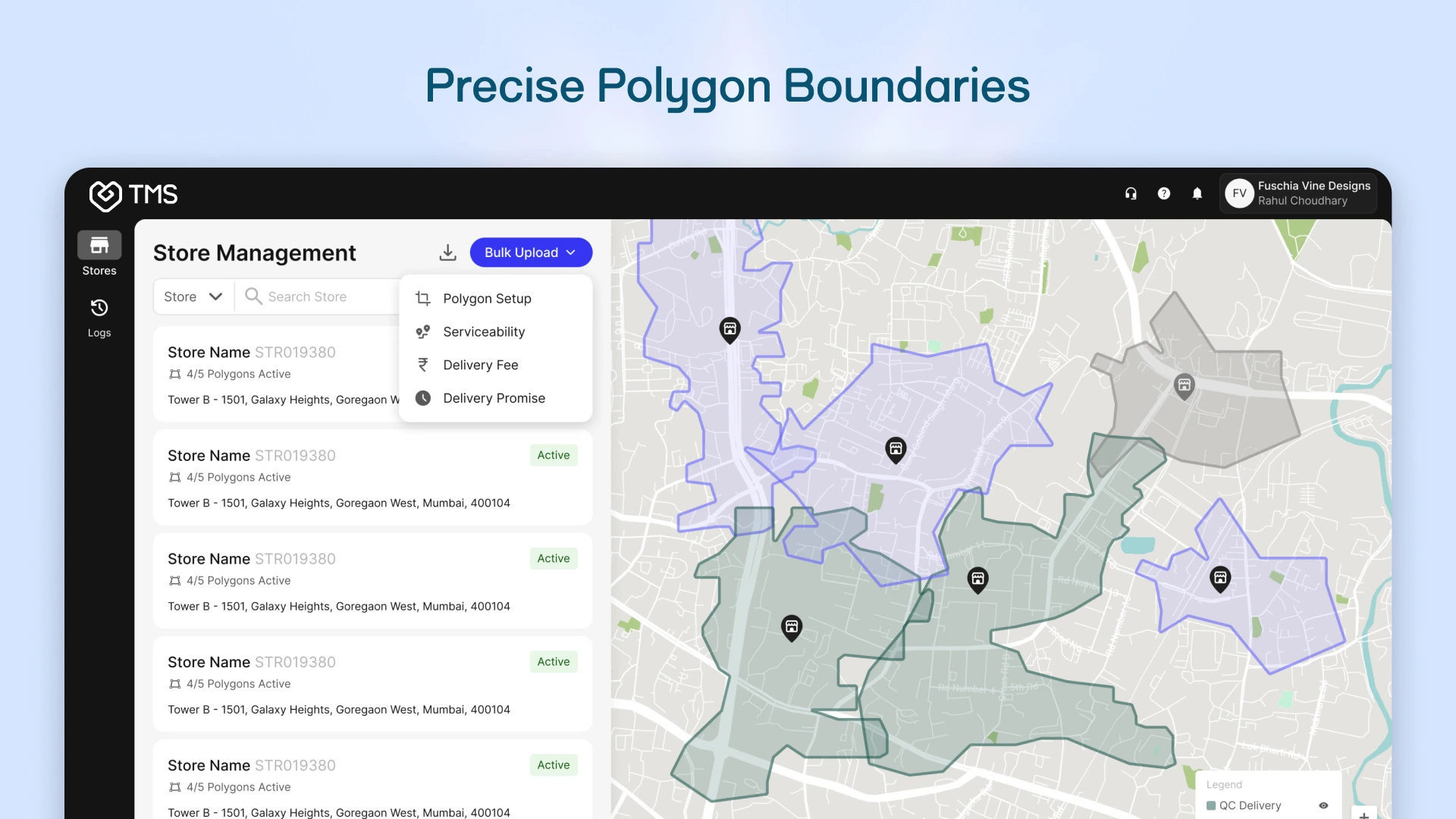 Skyber TMS interface showing a map with rtreet-level accuracy replacing broad pin-code zones, Custom polygon boundaries for each store location, Automatic optimal store assignment based on exact customer coordinates, Zero service gaps
